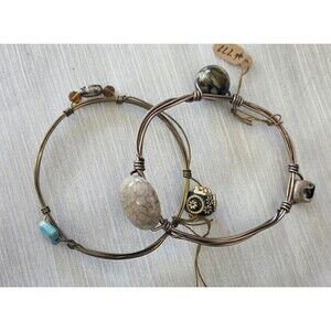 Pair of Artisan Handmade Stone Beaded Bangle Bracelet Wire Beach Boho Hippie
